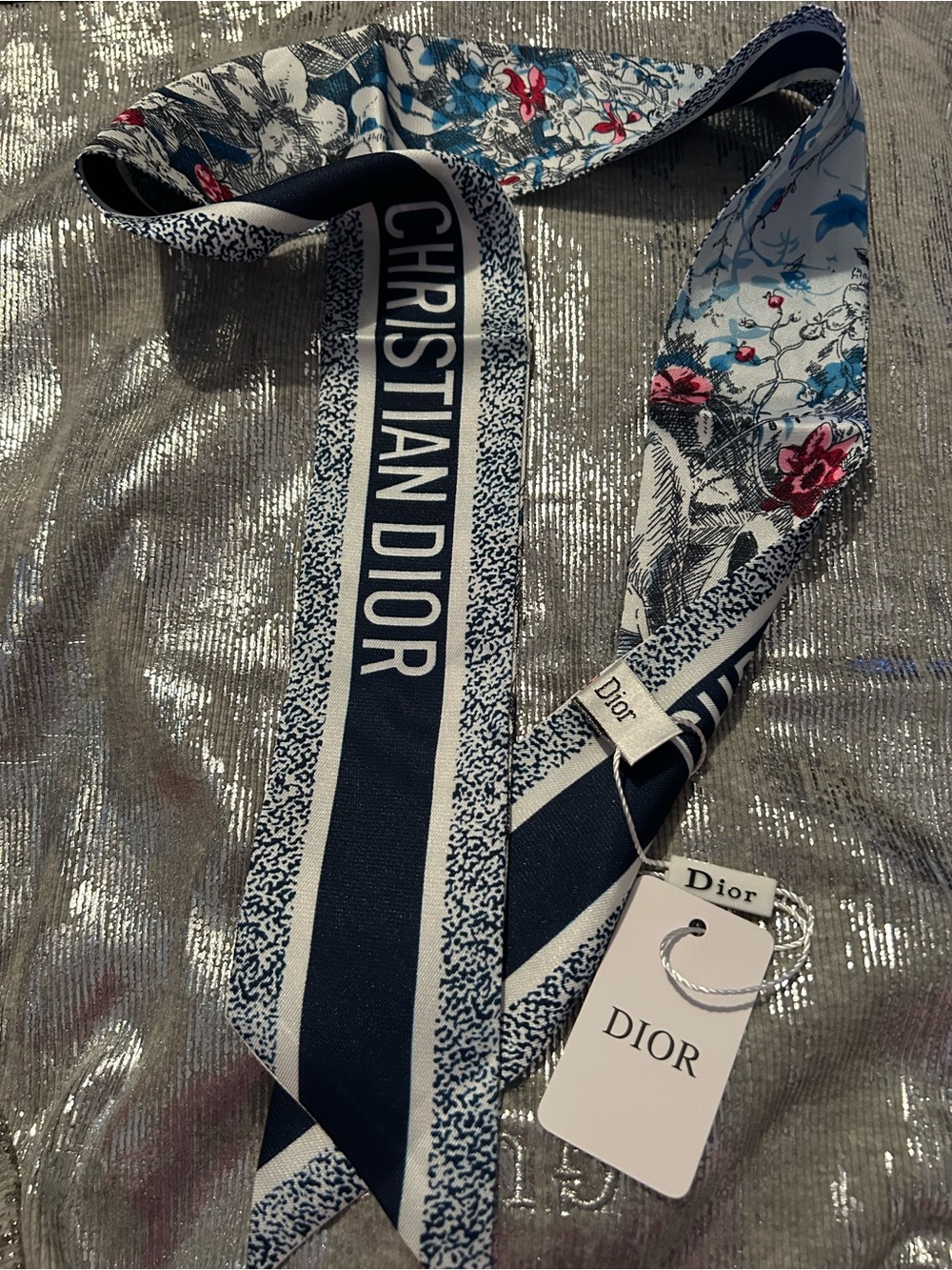 CD Navy and White Floral 100% Silk Elegant Twilly Scarf